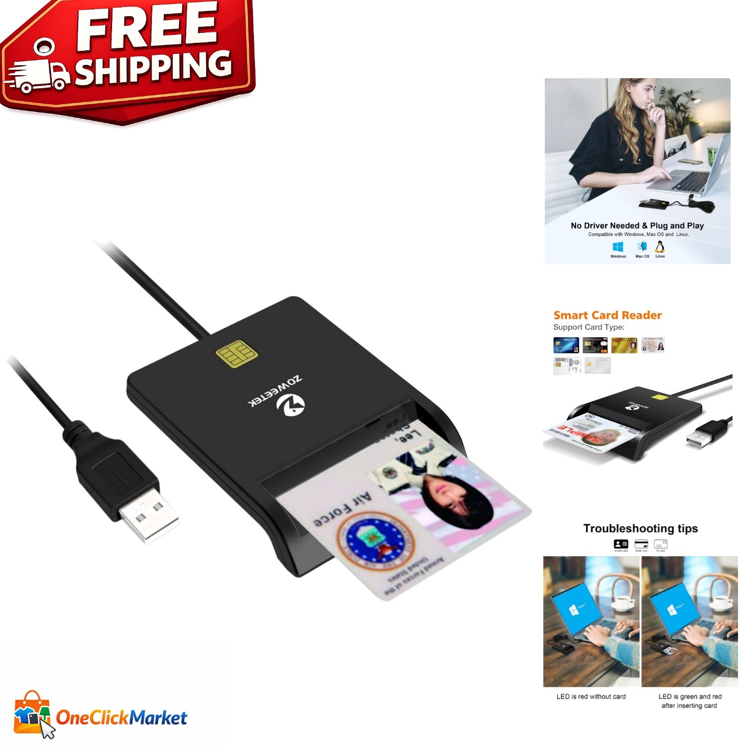 Compact USB Smart Card Reader for Military Applications - Driver-Free, Easy Use