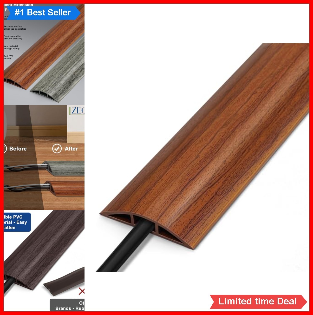 Floor Cord Cover 4 ft Soft PVC Walnut Wood Grain Cable Protector Indoor