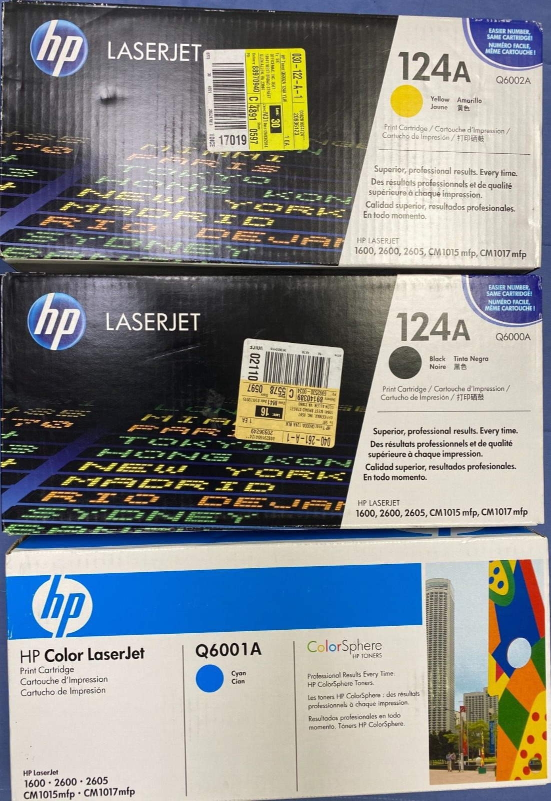 HP COLOR LASERJET PRINT CARTRIDGE LOT 3 Q6000A Q6001A Q6002A BLACK YELLOW CYAN