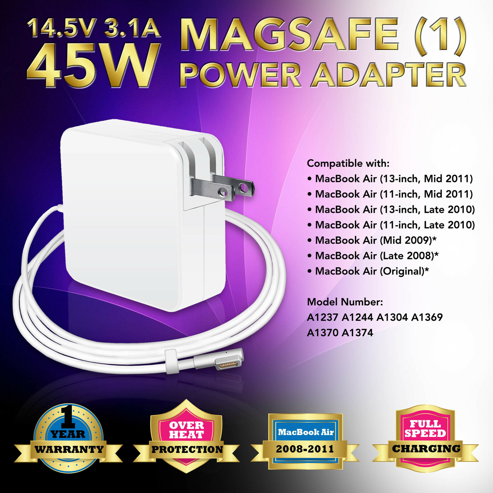 45W Adapter Charger for Apple Macbook Air 11" 13" A1244 A1370 A1369 A1374, L-Tip