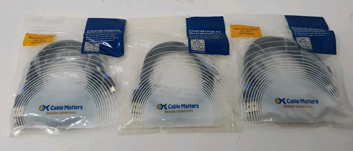 Lot Of 3 Cable Matters 2pk USB 2.0 Type A to Mini-B Cable in Black 6 Feet,...