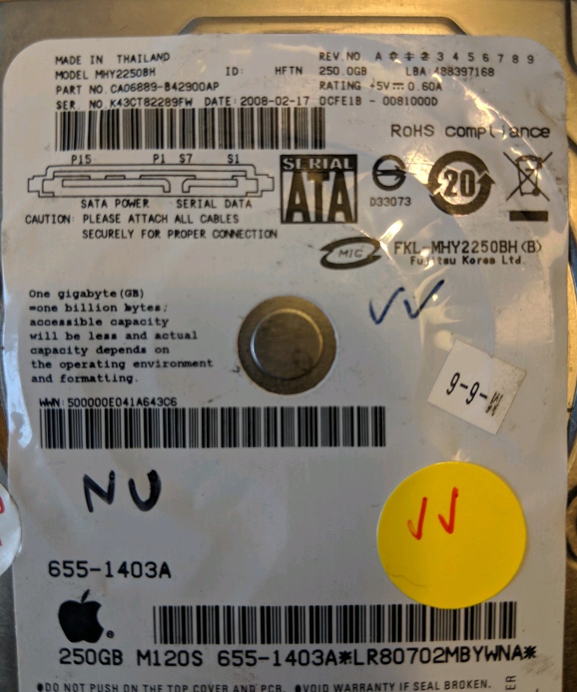 TESTED DONOR - Fujitsu MHY2250BH  CA06889-B42900AP 655-1403A K43  HFTN Thailand
