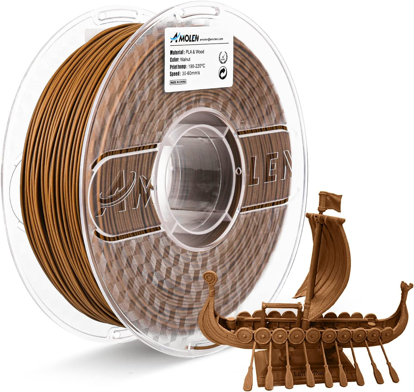 AMOLEN Wood PLA 3D Printer Filament 1.75Mm Dark Walnut Real Wood Fiber 1KG