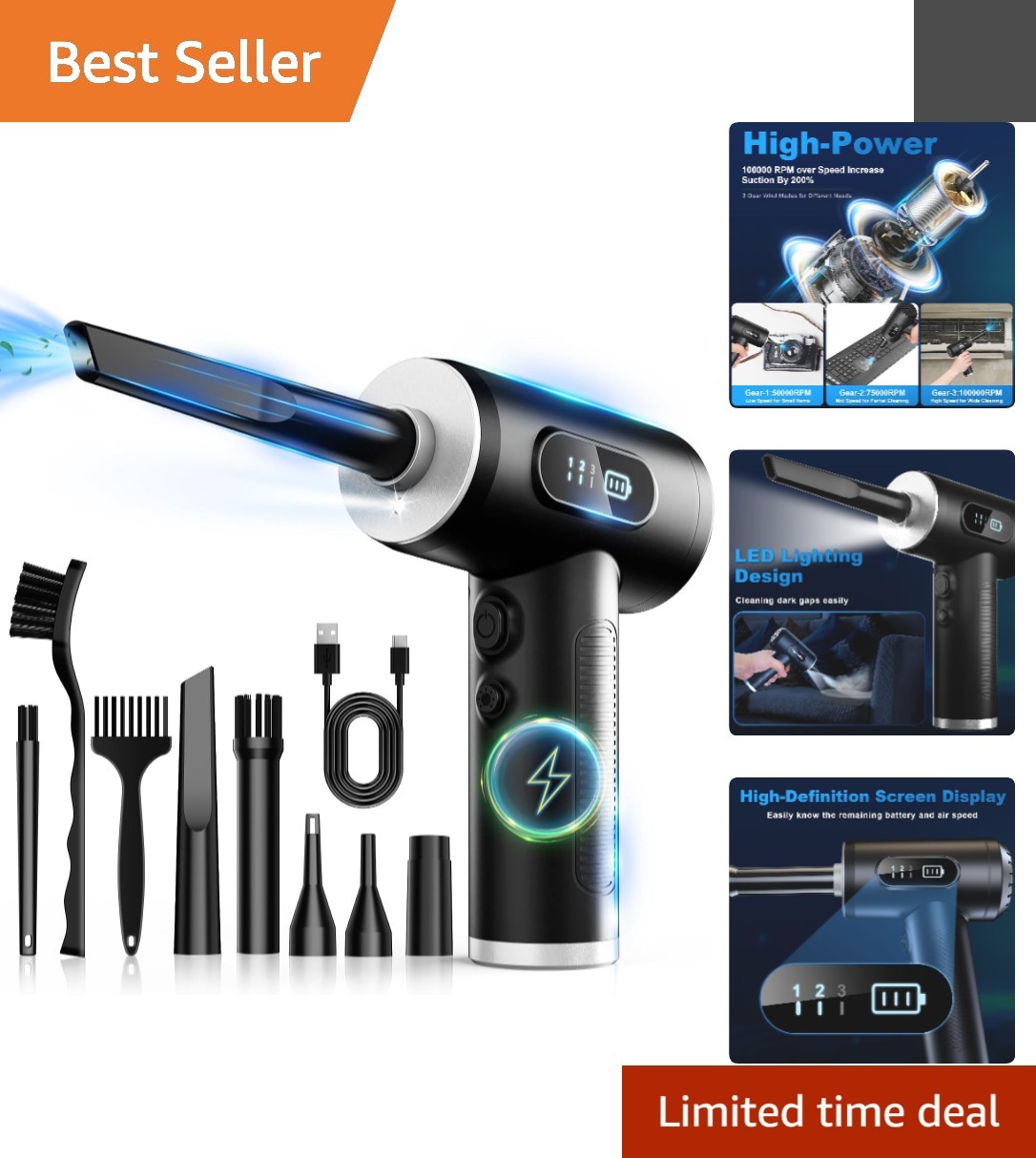 Portable Rechargeable Air Duster - Lightweight with 5 Nozzles & LED Light