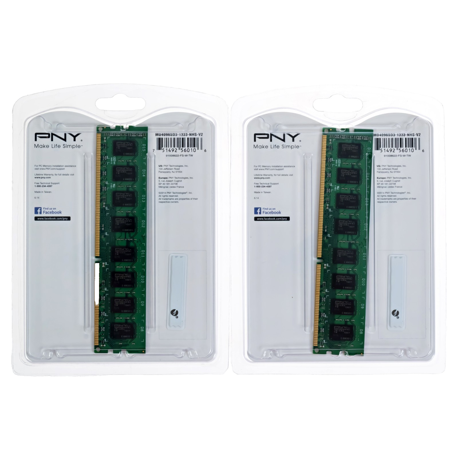 4GB DIMM 1333 MHz PC3-10666 DDR3 PNY Memory (MD4096SD3-1333) - Lot of 2