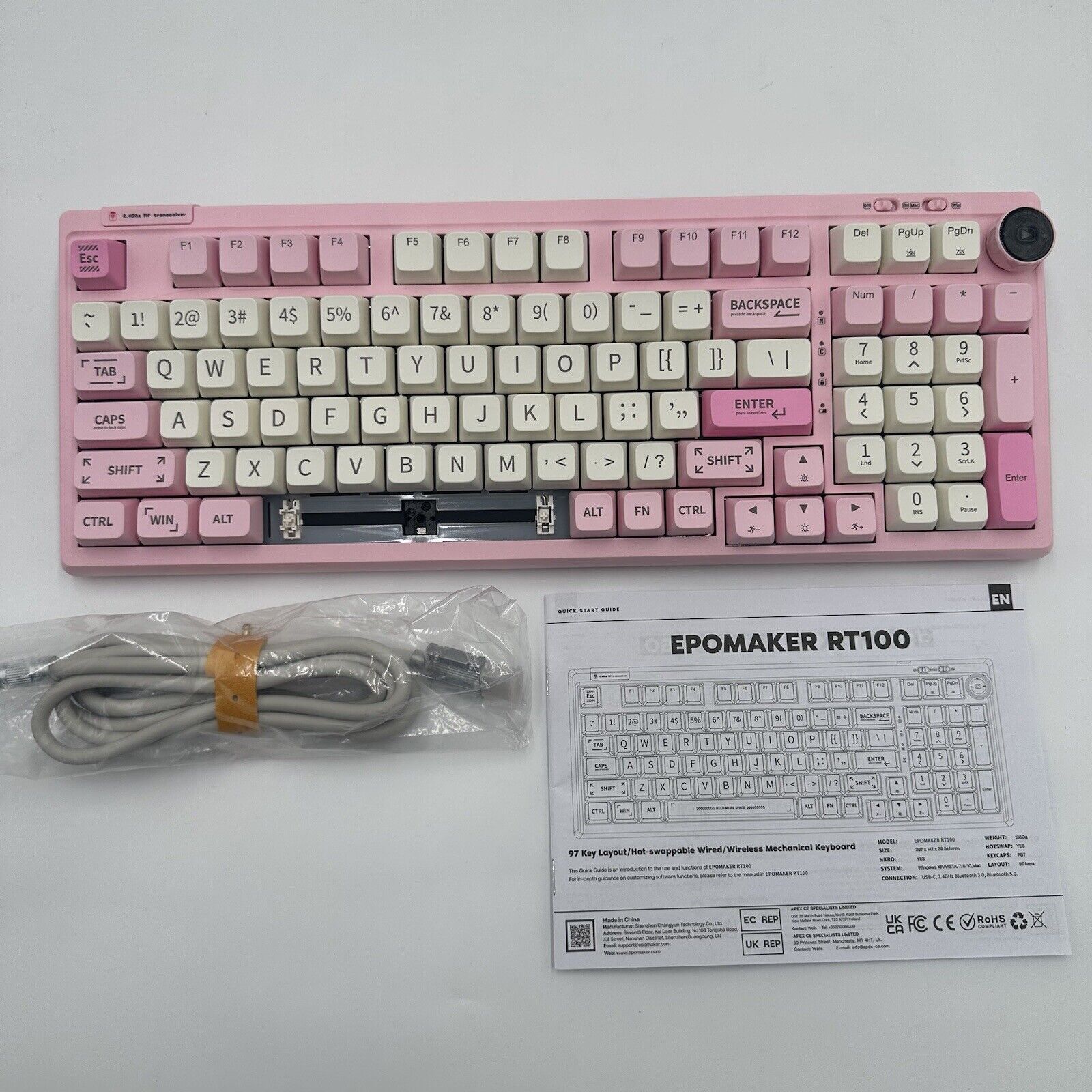 Epomaker Keyboard RT100 Tri-Mode Mechanical 97 Keys - Pink - Read Description