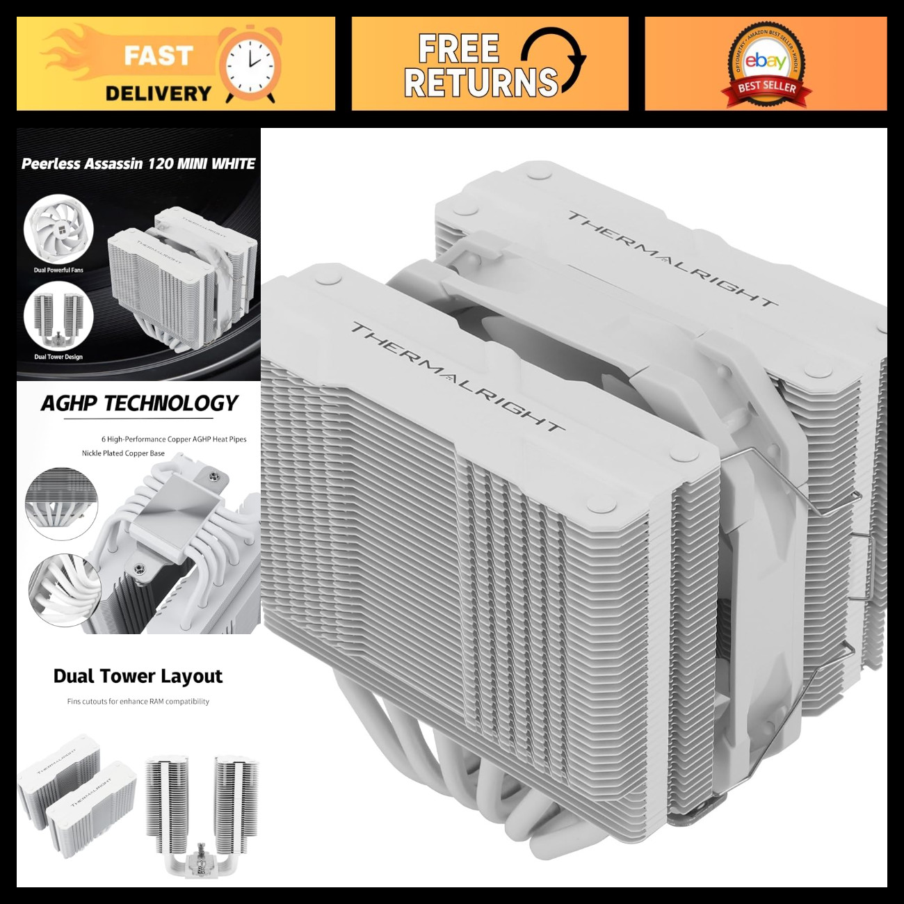 High-Performance CPU Cooler, 135mm Dual Tower, 6 Heat Pipes, AMD/Intel Compatibl