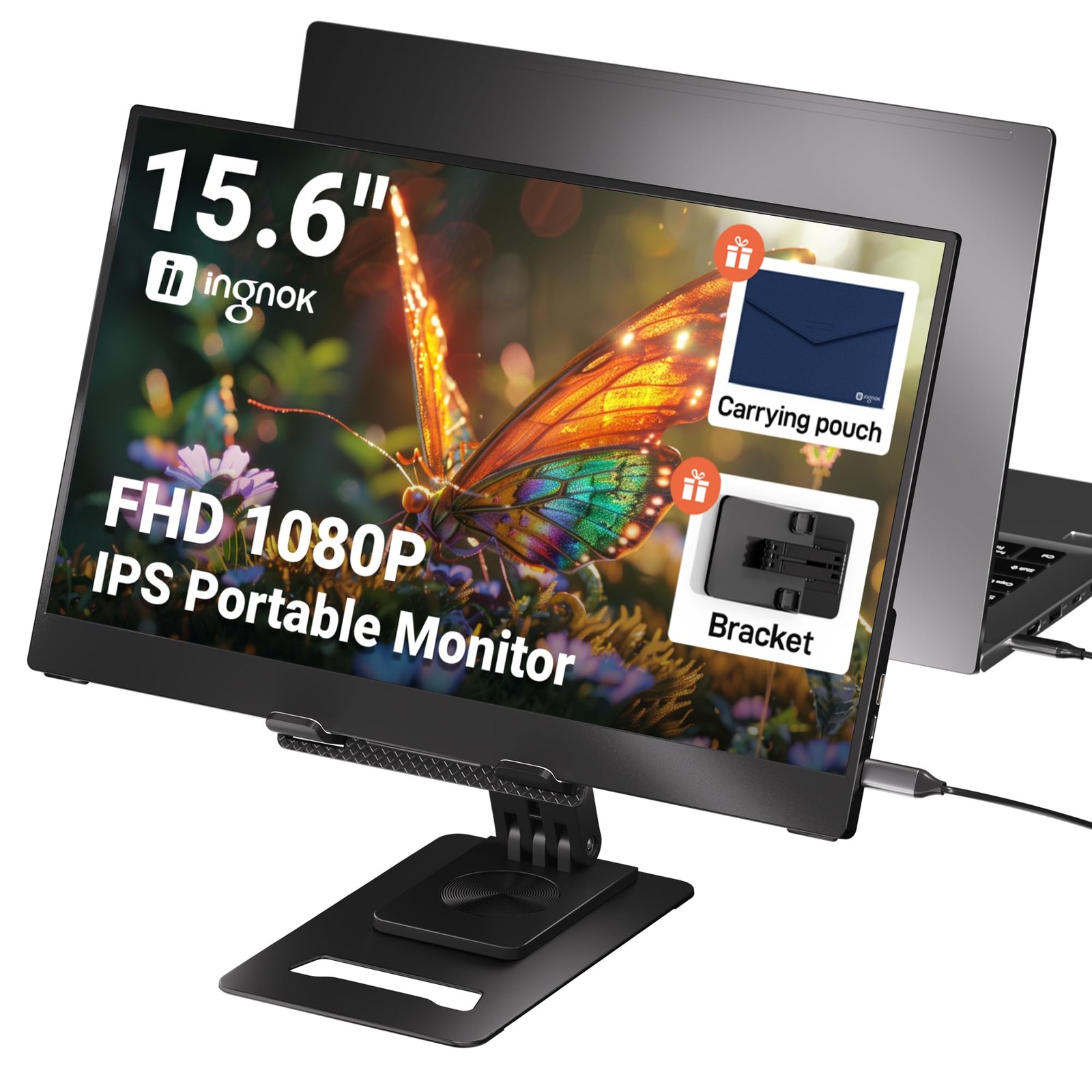Ingnok Portable Monitor, Ultra Slim 15.6 Inch FHD IPS Laptop Screen Extender ...