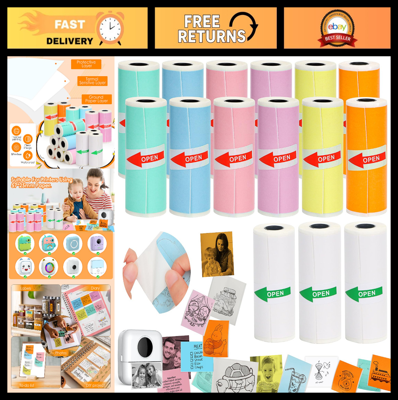 15 Rolls Mini Printer Sticker Paper, Thermal Self-Adhesive 57x25mm, Color & Whit