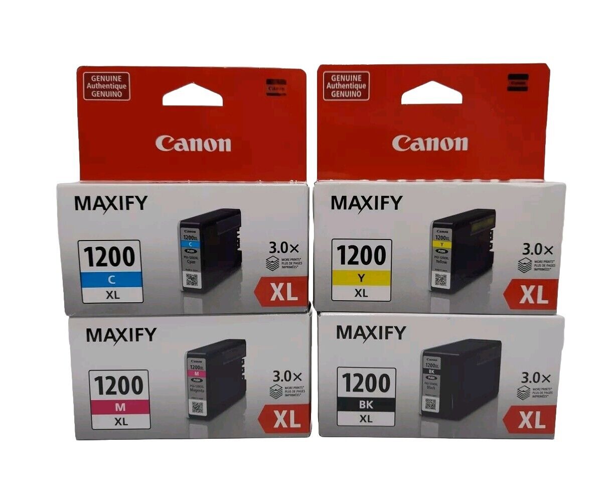 4 Canon MAXIFY 1200XL Black Cyan Yellow & Magenta Ink Cartridges Set Genuine OEM