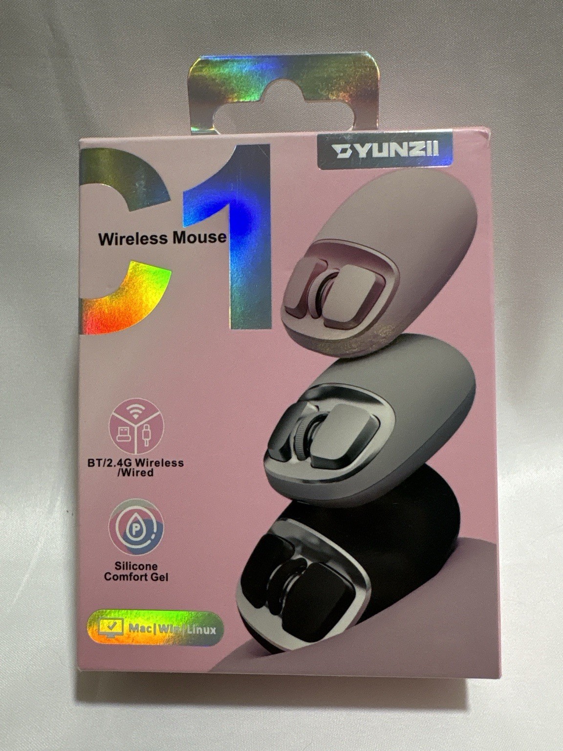 YUNZII C1 Wireless Mouse Tri-Mode Bluetooth USB-C 4800 DPI Pink OB