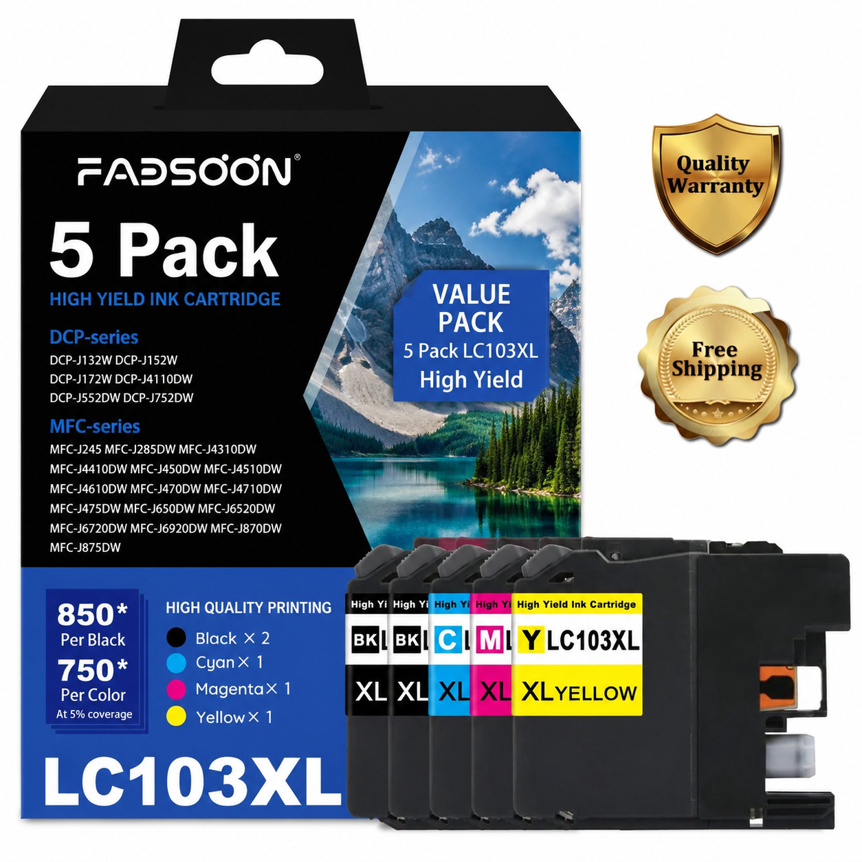 LC103XL 5PK 2BK/C/M/Y High Yield Ink DCP-J152W MFC-J245 MFC-J450DW MFC-J6520DW