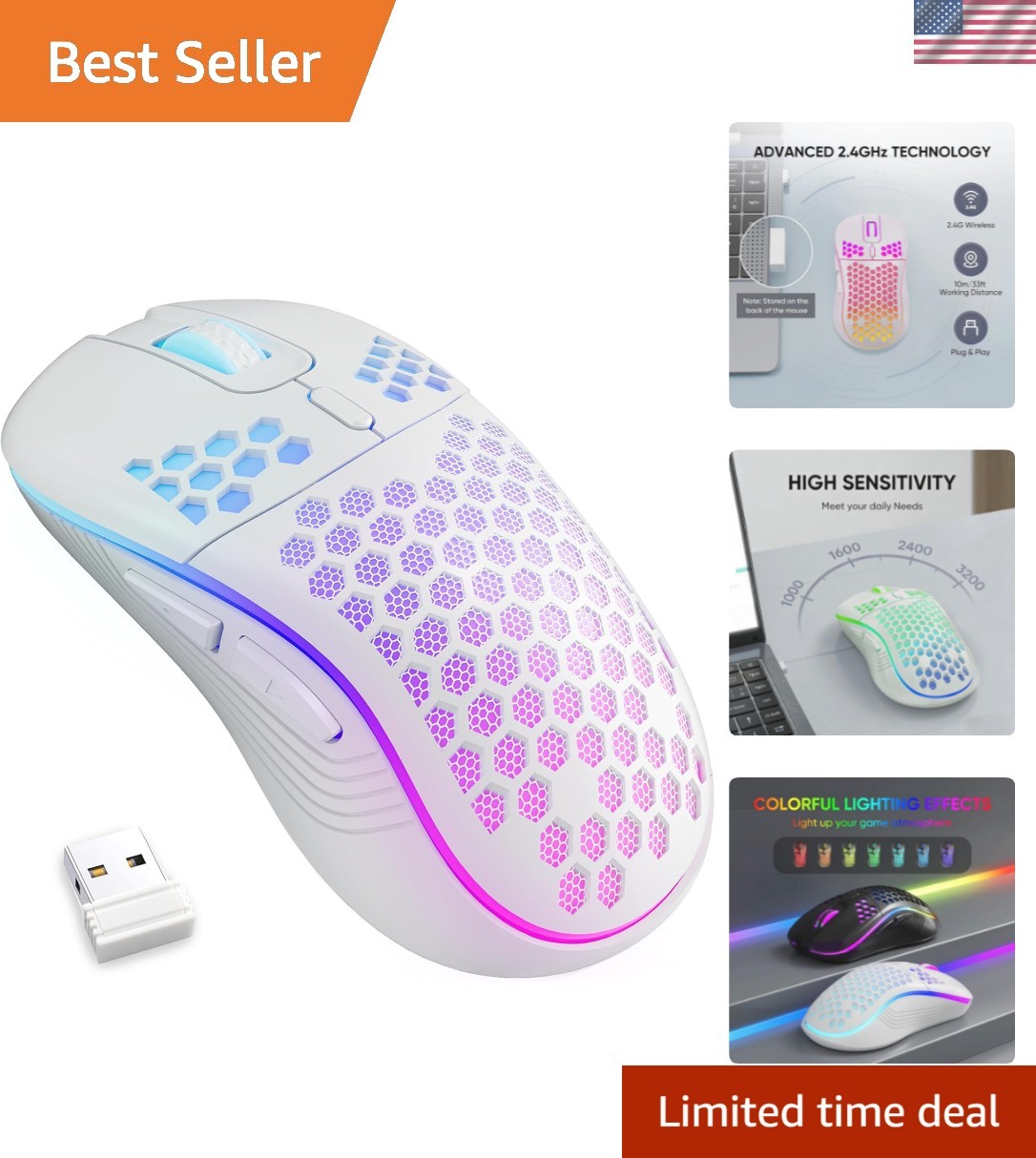High Precision RGB Gaming Mouse - Honeycomb Design with USB Rechargeable Battery