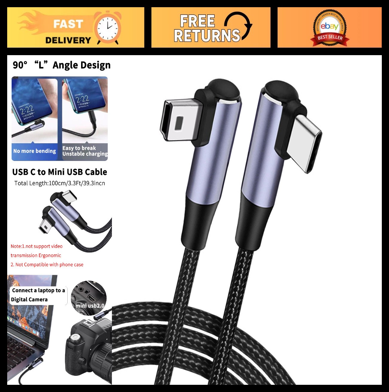 USB C to Mini USB Cable Right Angle 5-Pin Type-C Cord | Braided Data Sync & Char