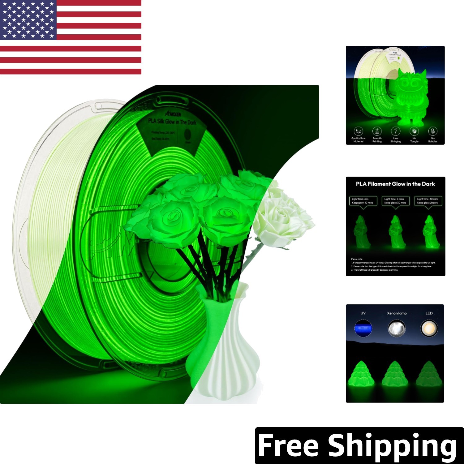 Glow in the Dark PLA Filament 1.75mm Green - Silk Finish, 2.2lb for 3D Printing