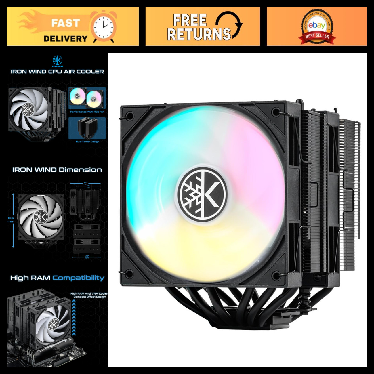 120mm ARGB Dual Tower CPU Air Cooler for AMD & Intel, High Performance, Black