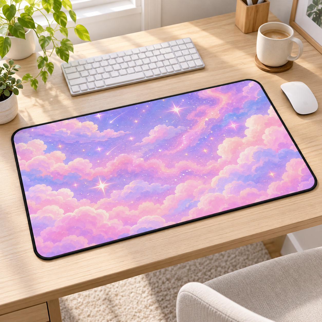 Pastel Cloud Desk Mat, Pink Purple Galaxy Mouse Pad, Dreamy Starry Sky