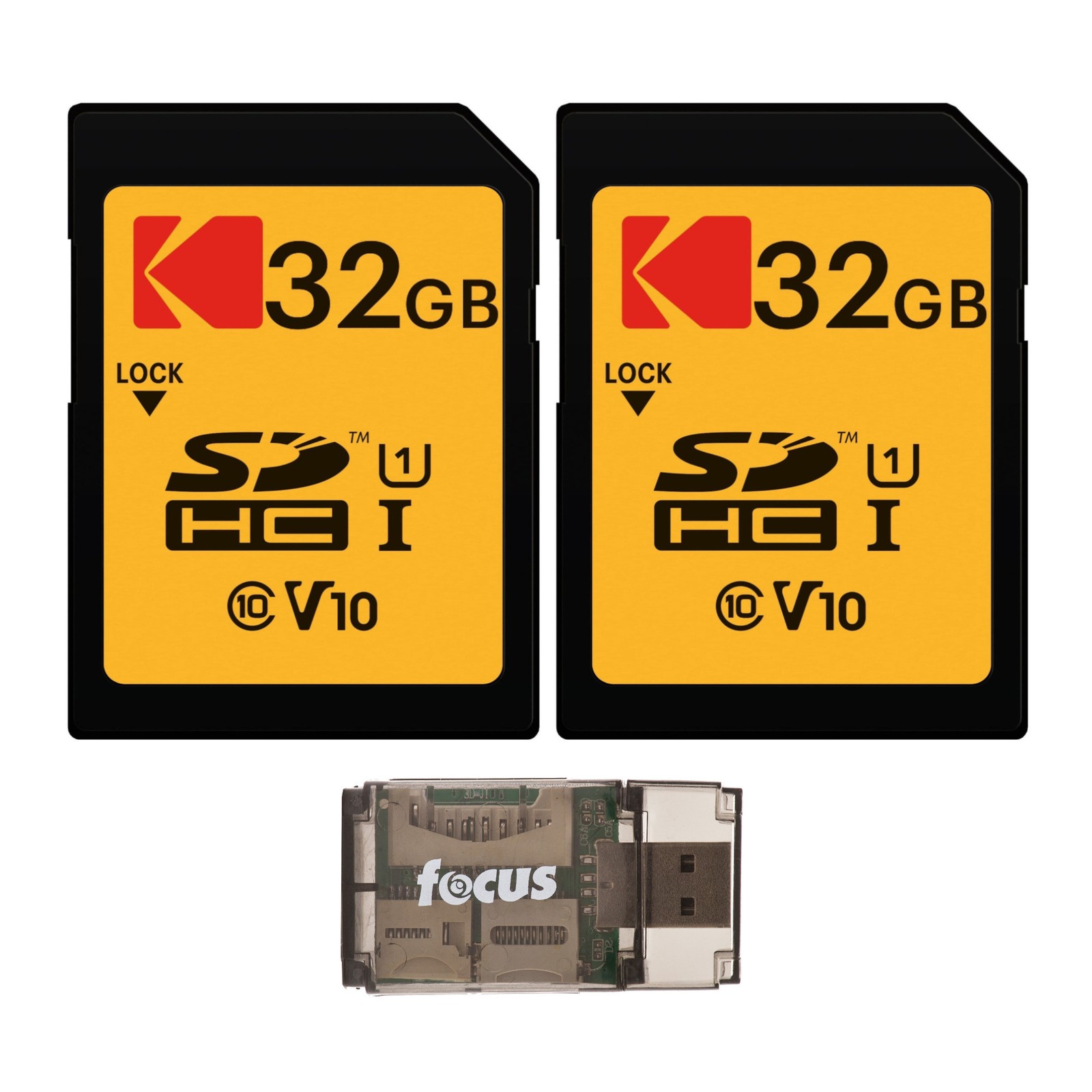 Kodak 32GB Class 10 UHS-I SDHC Memory Card 2 Pack Focus USB Card Reader