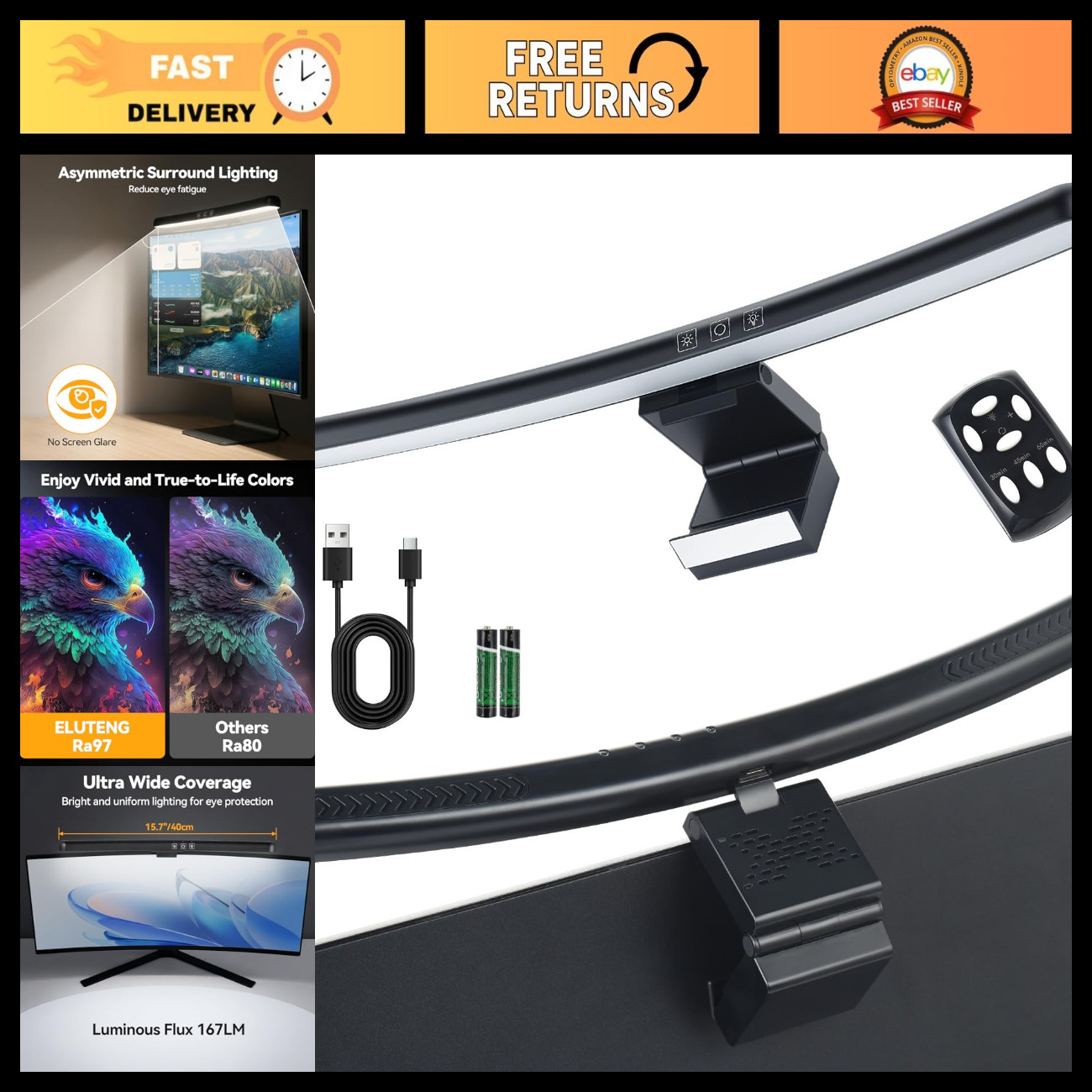 Curved Monitor Light Bar for 27-34 Inch Screens - Adjustable Brightness, USB Pow