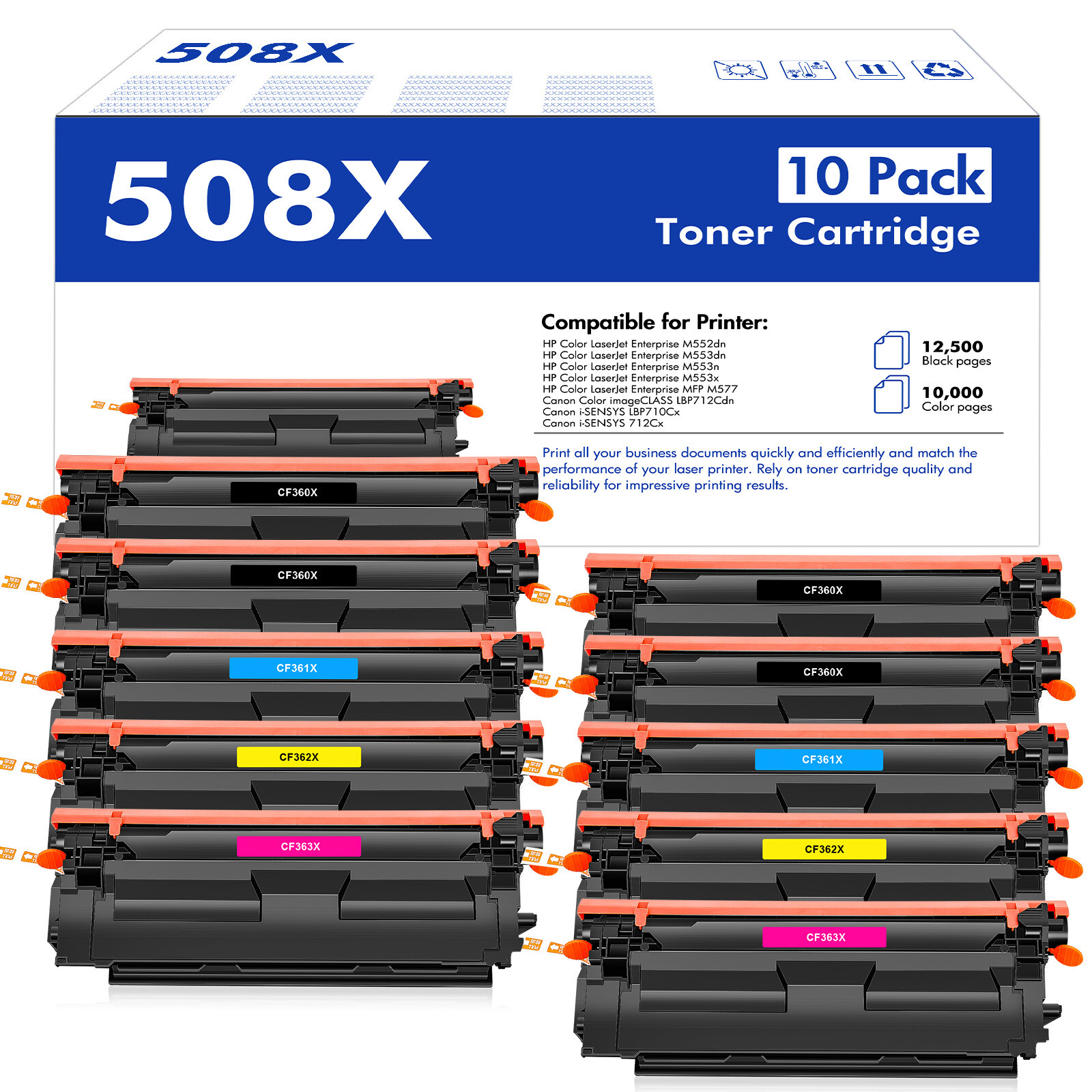 10× CF360X CMYK Color Toner Set fit for HP 508X Enterprise MFP M577Z M577f M577c