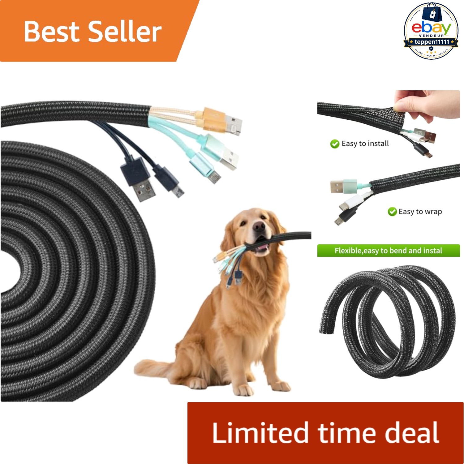 Braided Cable Sleeve Split Wire Loom 3/8 in 25ft Black Pet Chew Cord Protector