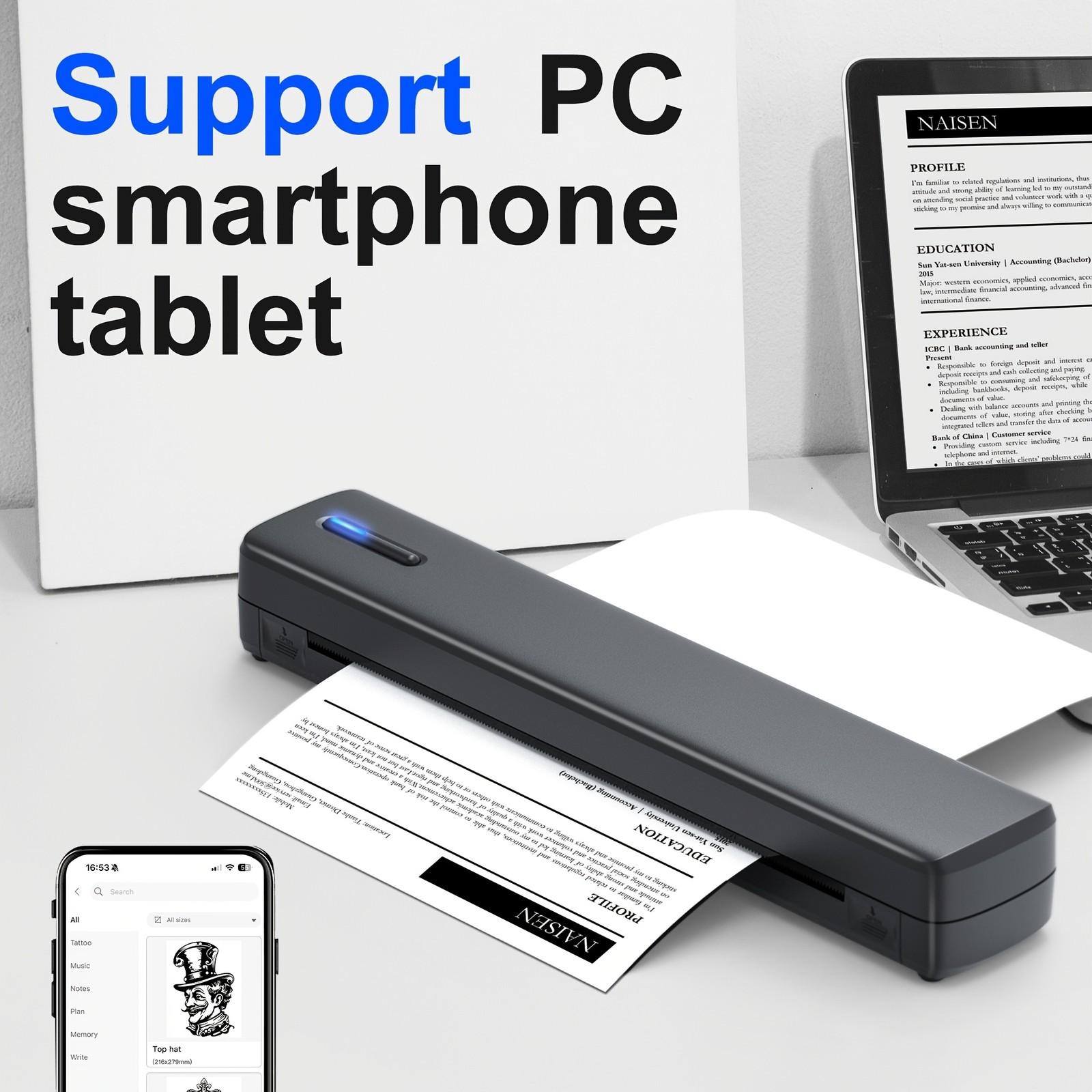 Support A4 A5 Portable Printer Wireless Inkless thermal Printer Bluetoothe Black