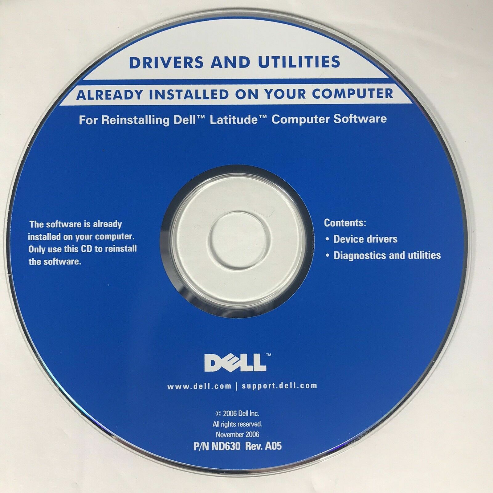 Dell Latitude Drivers & Utilities CD Reinstallation Disk Software 2006 P/N ND630
