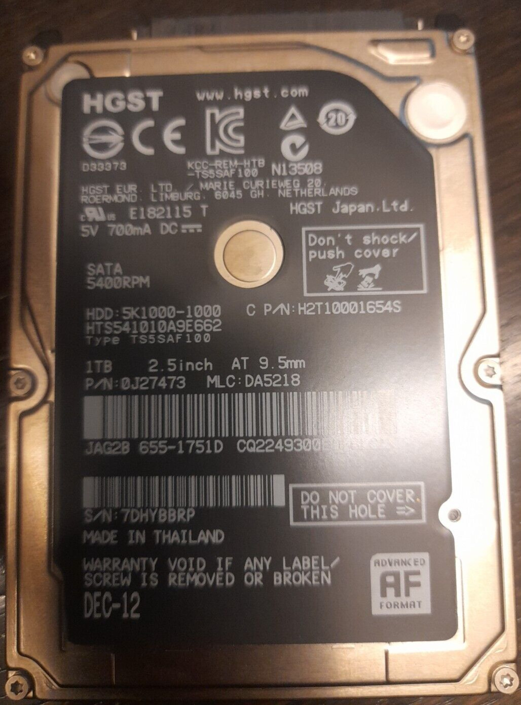 1TB HGST HITACHI HTS541010A9E662 APPLE 655-1751D 2.5" SATA 0J27473