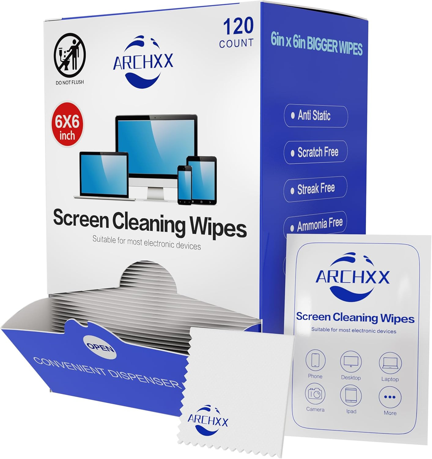 Pre-Moistened Screen Wipes for Electronics, 120 Count, 6"x6" Individually Wrappe