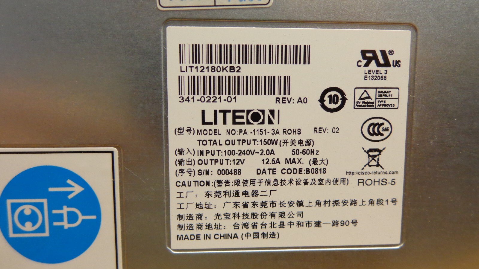 Cisco PWR-7201-AC CISCO7201 AC Power Supply Option 341-0221-01 LiteOn PA-1151-3A