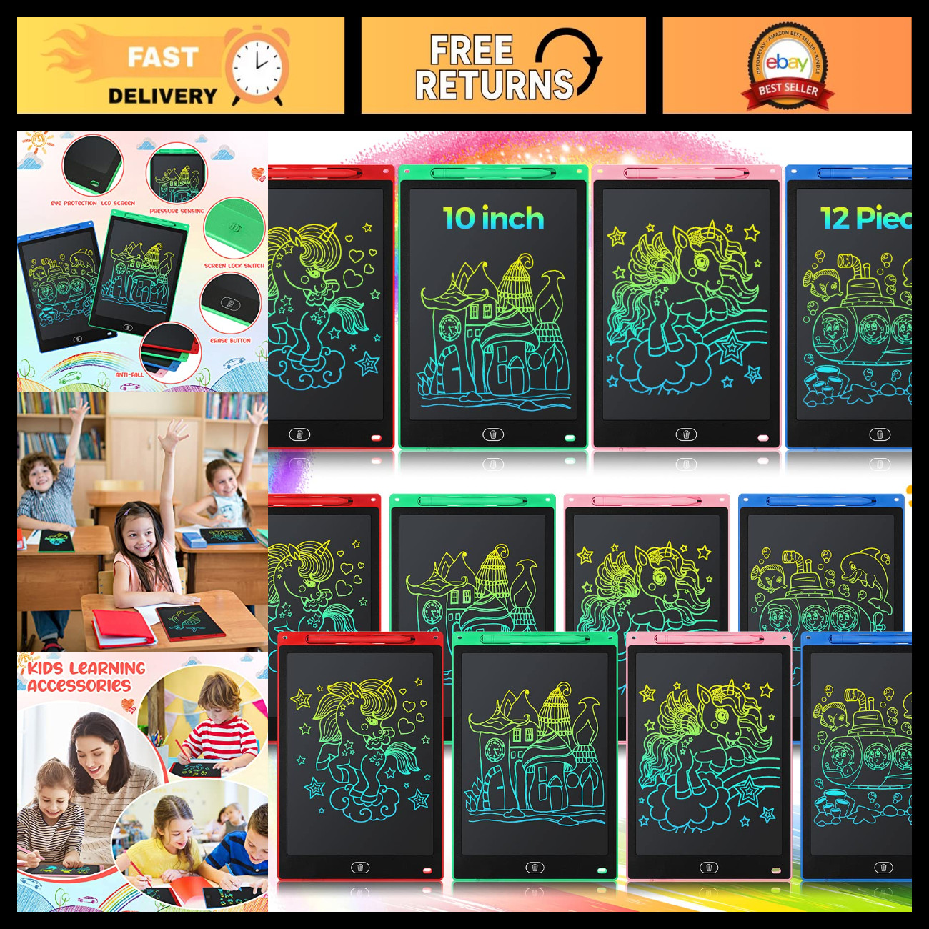 12 Pack 10" LCD Writing Tablets for Kids - Erasable Drawing Pads, Fun & Educatio
