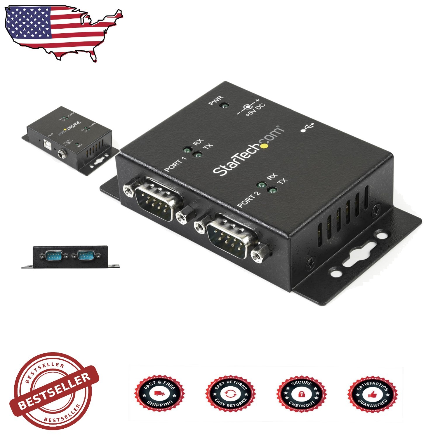 Industrial 2-Port USB to Serial COM Port Adapter, FTDI, TAA Compliant