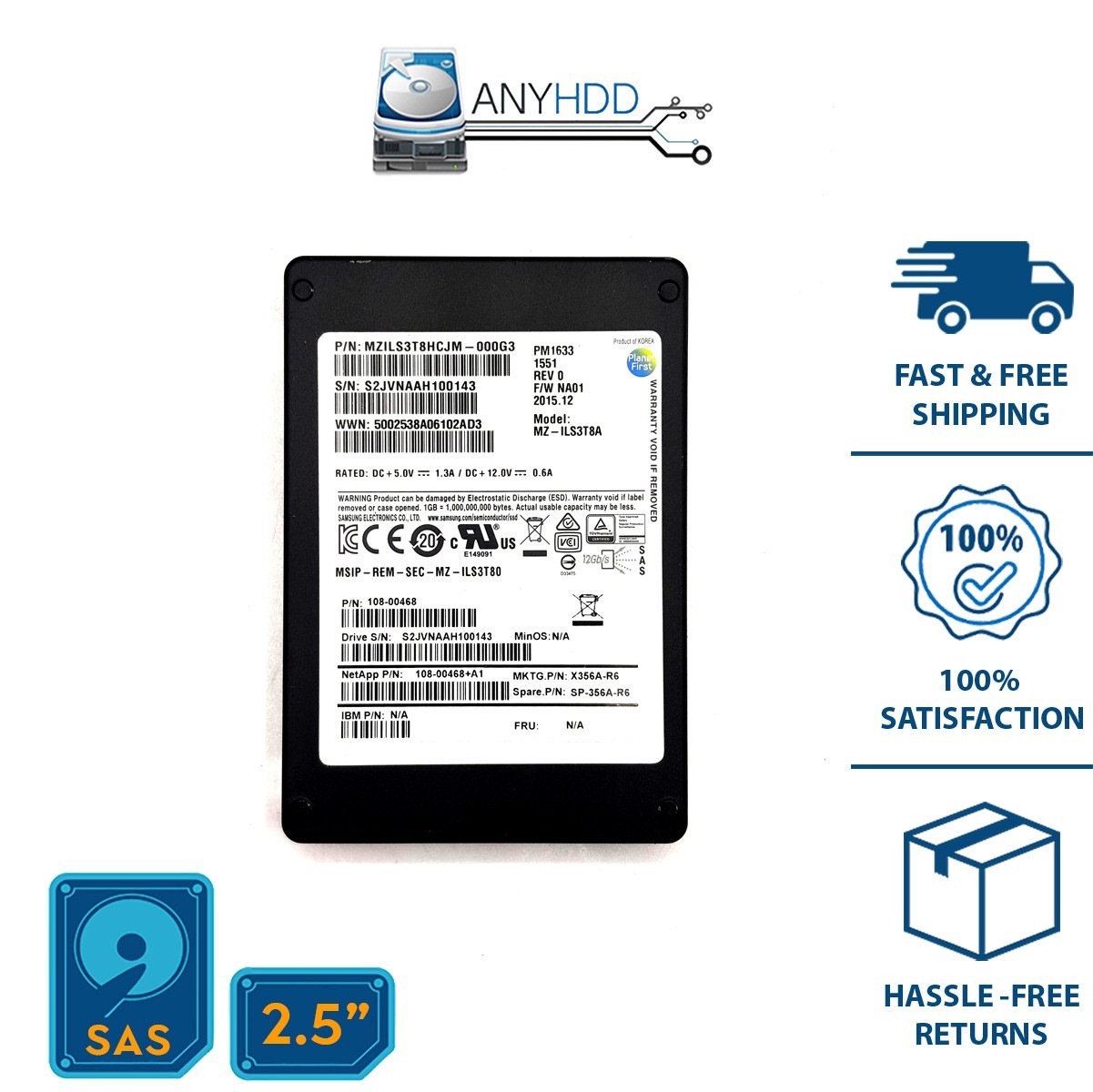 Samsung 3.84TB SAS SSD PM1633 - MZ-ILS3T8A - MZILS3T8HCJM-000G3 -  12Gb/s 2.5"