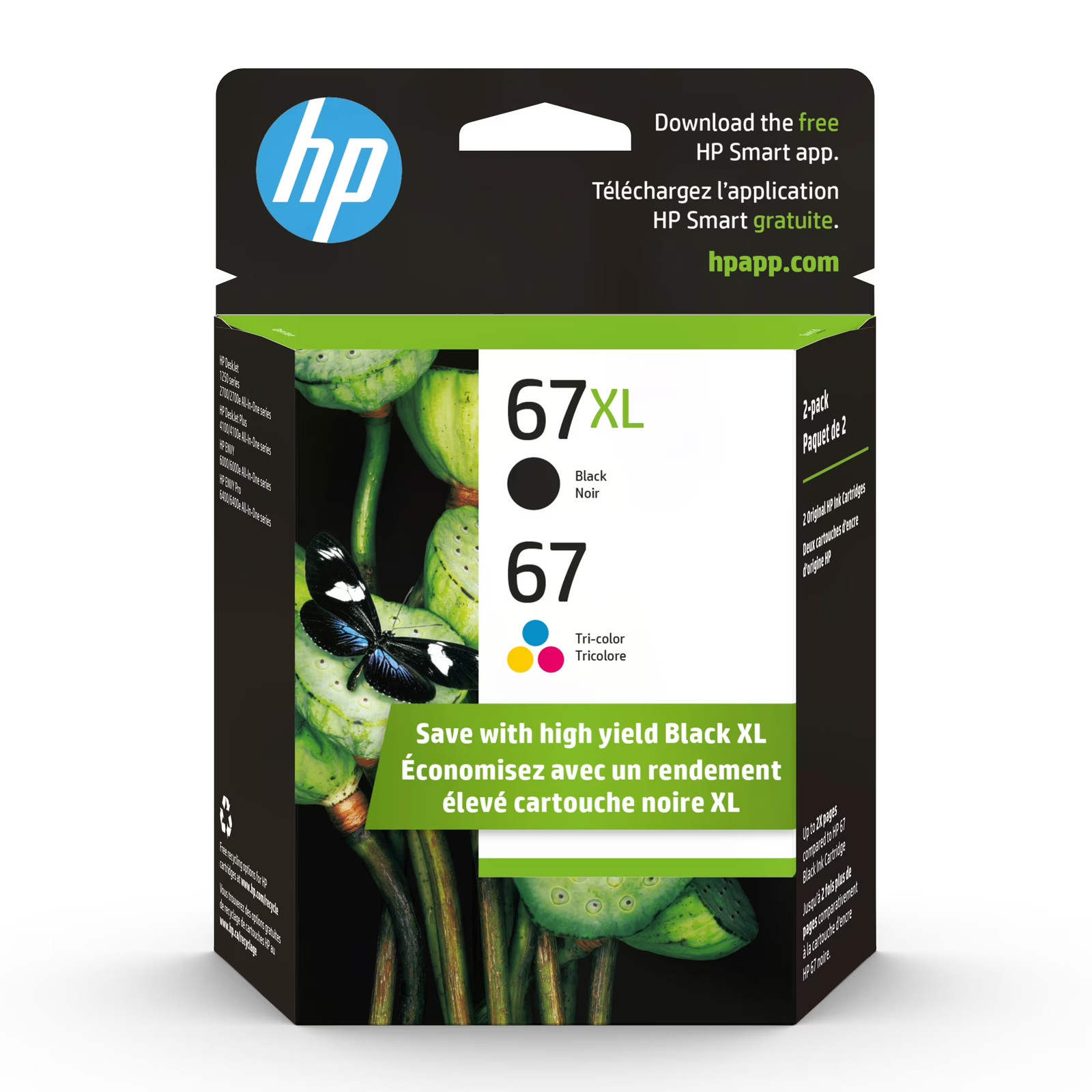HP 67 Tri-Color Ink Cartridges High/Standard Yield 2 per Pack, 67XL Black, Cyan,