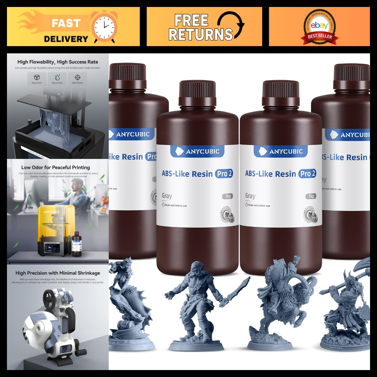 8K ABS-Like 3D Printer Resin Bundle - 4kg Tough, High Strength for LCD Printers