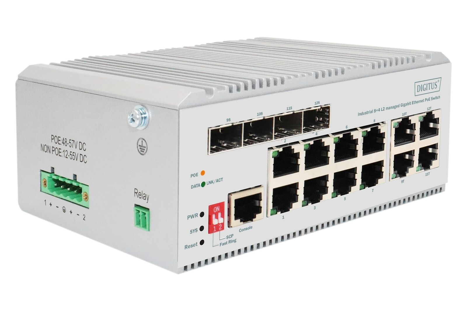 DIGITUS industrieller Managed 12-Port Gigabit Ethernet PoE Netzwerk-Switch - 8X 