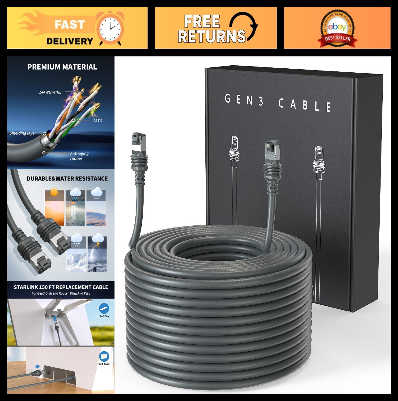 150FT 24AWG Waterproof Extension Cable for Starlink Gen 3/4/4X/V4 - Grey