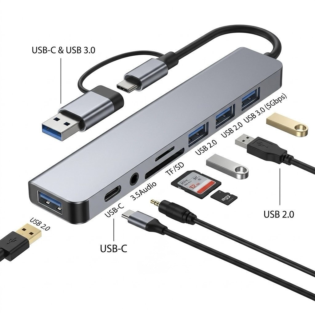 USB-C 8-in-1 Adapter USB 3.0/2.0 SD/TF Card Reader 3.5mm Audio Gray/Black