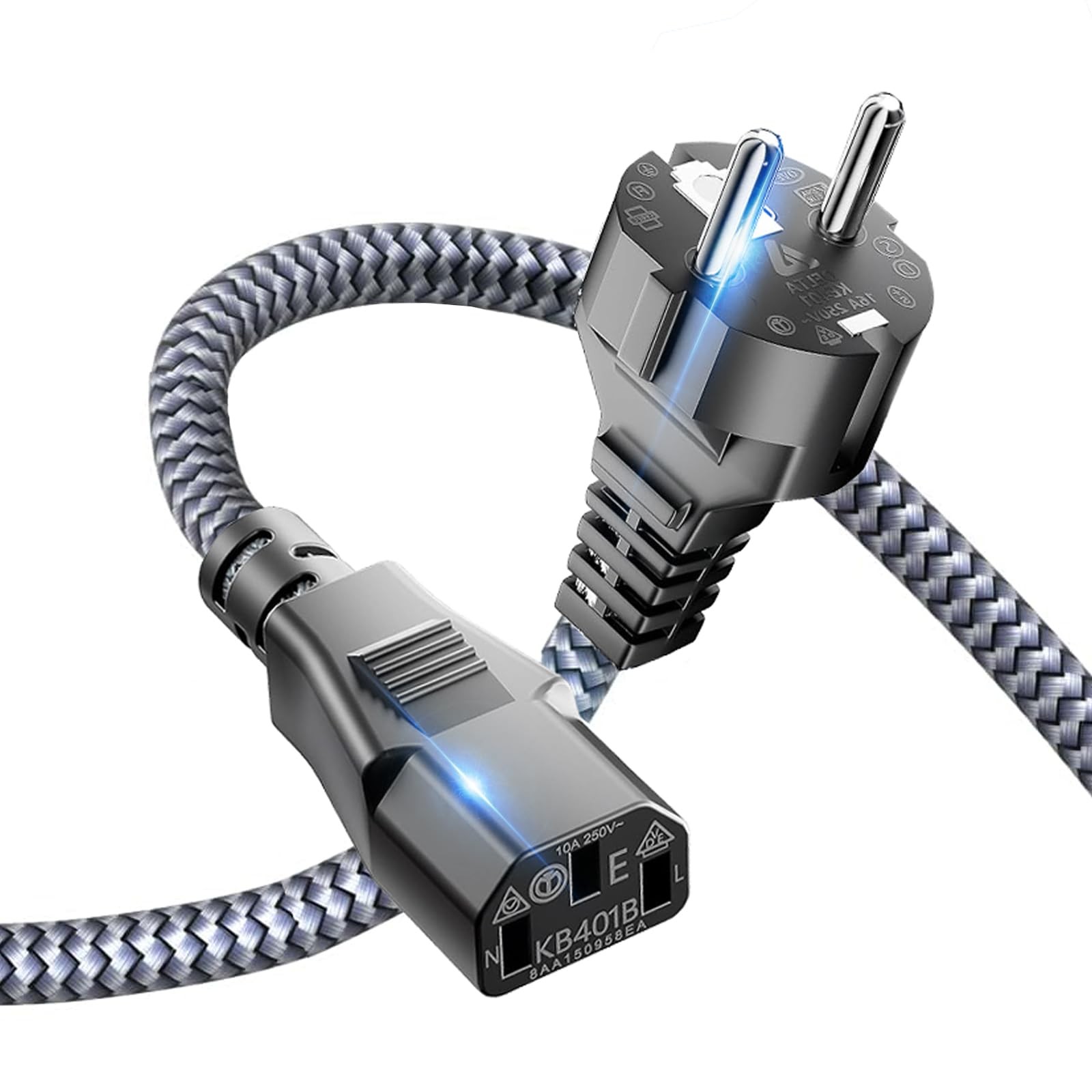 6.6FT European Nylon Braided Europlug Replacement Power Cord CEE 7/7 To C13