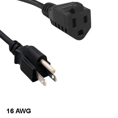 Kentek 1' ft 16 AWG Power Extension Cord NEMA 5-15P to 5-15R 13A/125V SJT Black