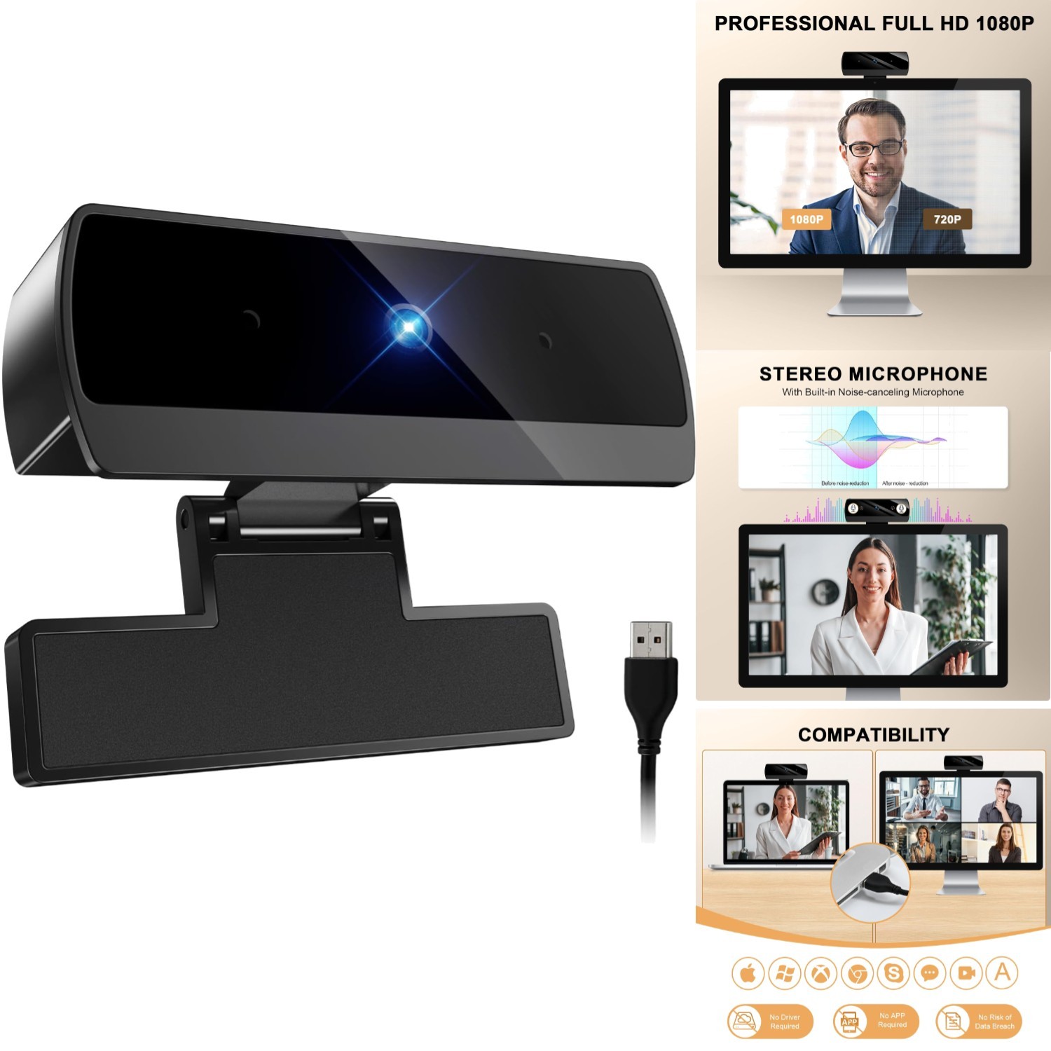 1080P Webcam with Microphone Full HD Streaming Camera Plug&Play for Zoom Skyp...
