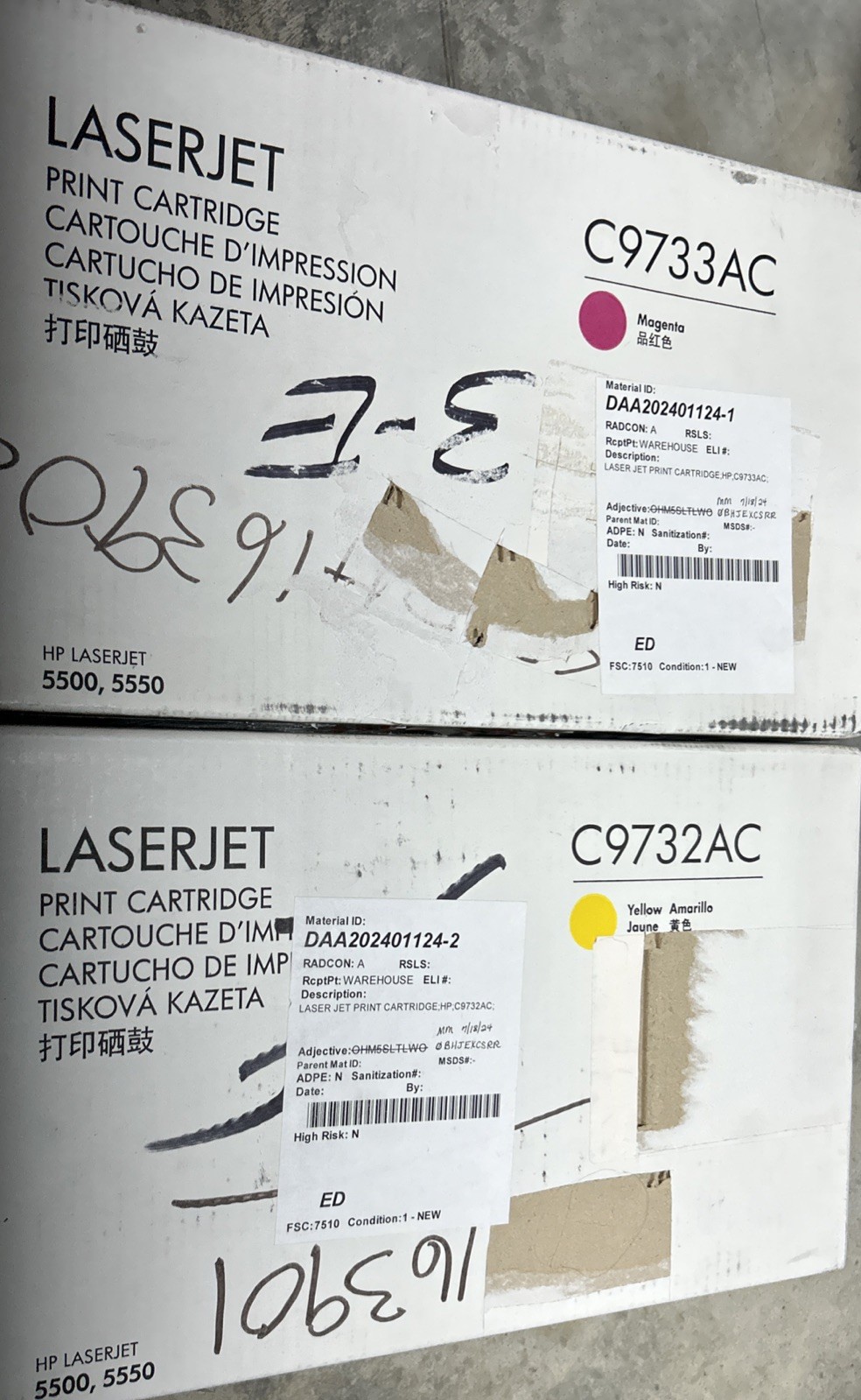 2 Genuine HP Laserjet Magenta/Yellow Toner C9732AC And C9733AC-LABELS Cut Off Rm