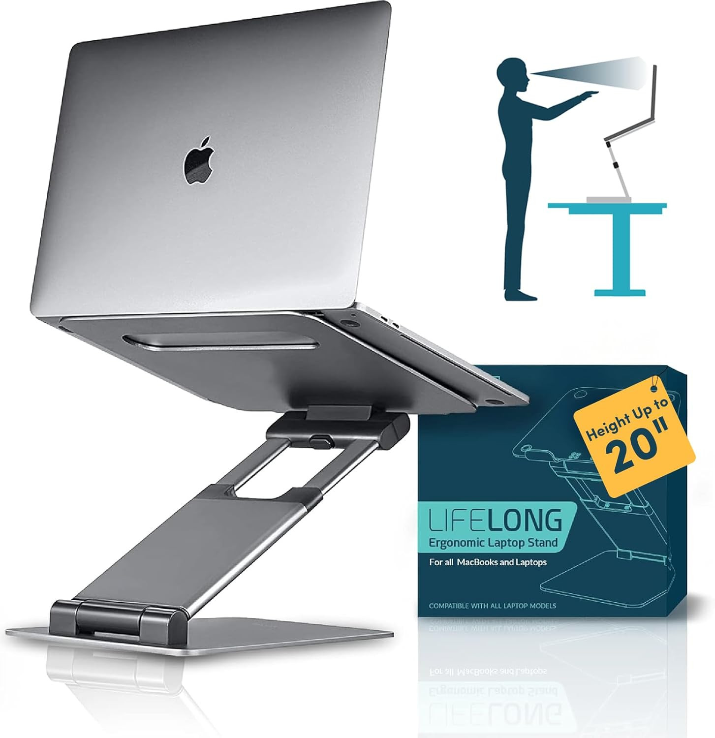Lifelong Aluminum Adjustable Laptop Stand, Extra Tall 20" Riser, Grey | Ergonomi