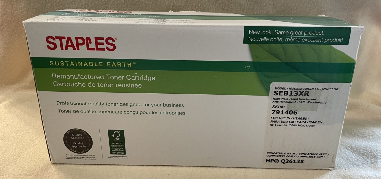 New Open Box Staples Sustainable Earth SEB13XR Toner Black Q2613X 13X SKU 791406