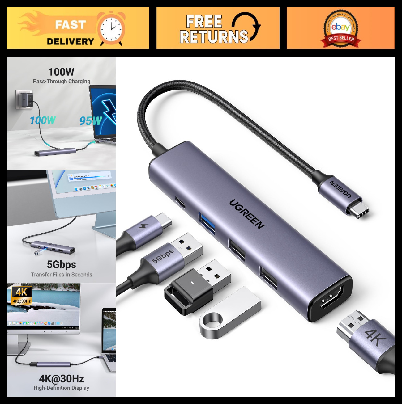 5-in-1 USB C Hub Multiport Adapter, 4K HDMI, 100W Power Delivery, Fast Data Tran