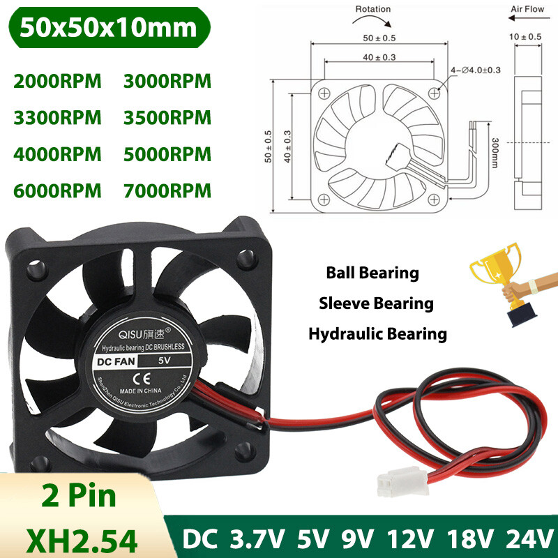 5010 DC Brushless Cooling Fan Mini Silent Fans 3.7/5/9/12/18/24V 2000-7000RPM