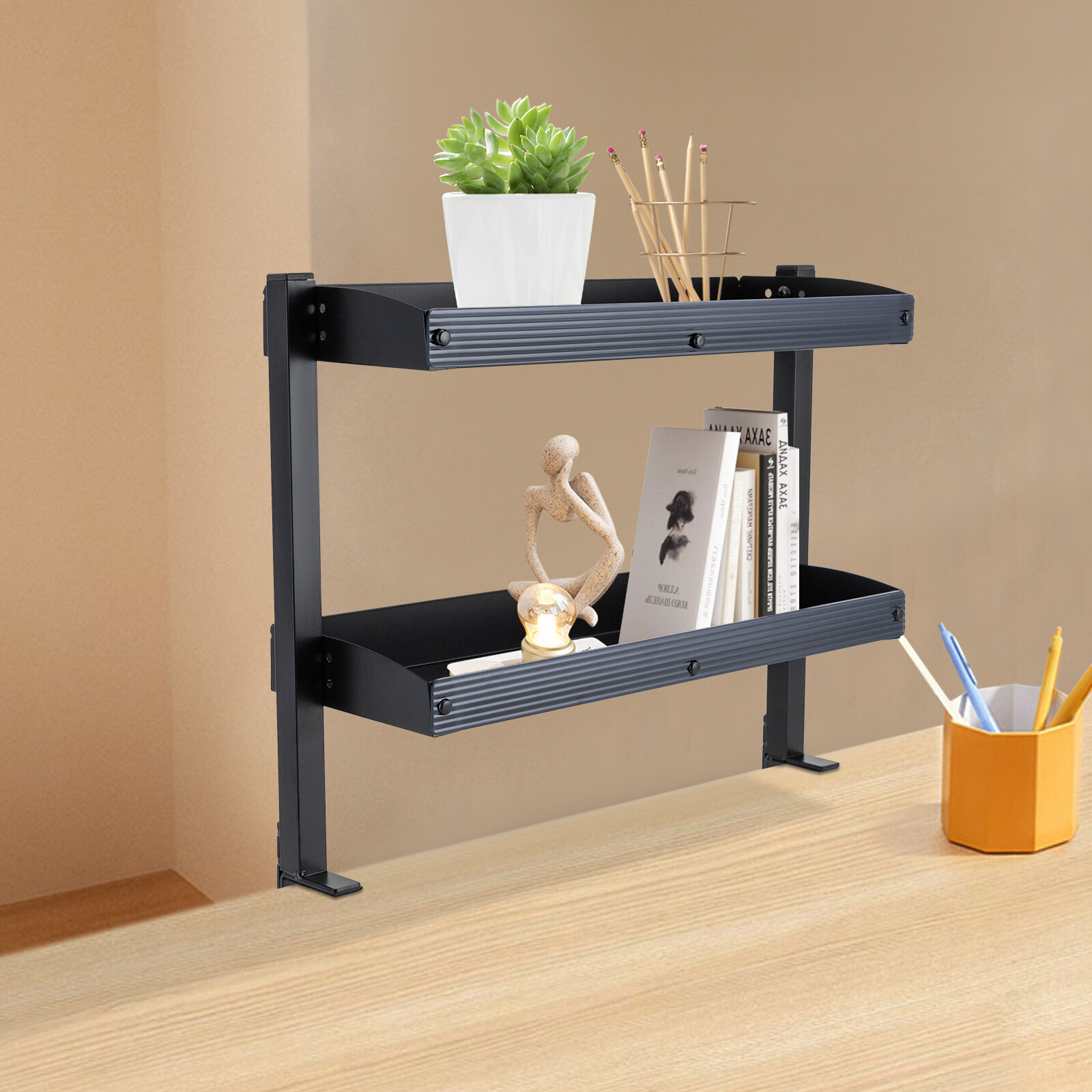 Desktop or Under-Desk Shelf Clamp-on 2-Tier Shelving W/ Adjustable Storage Tray