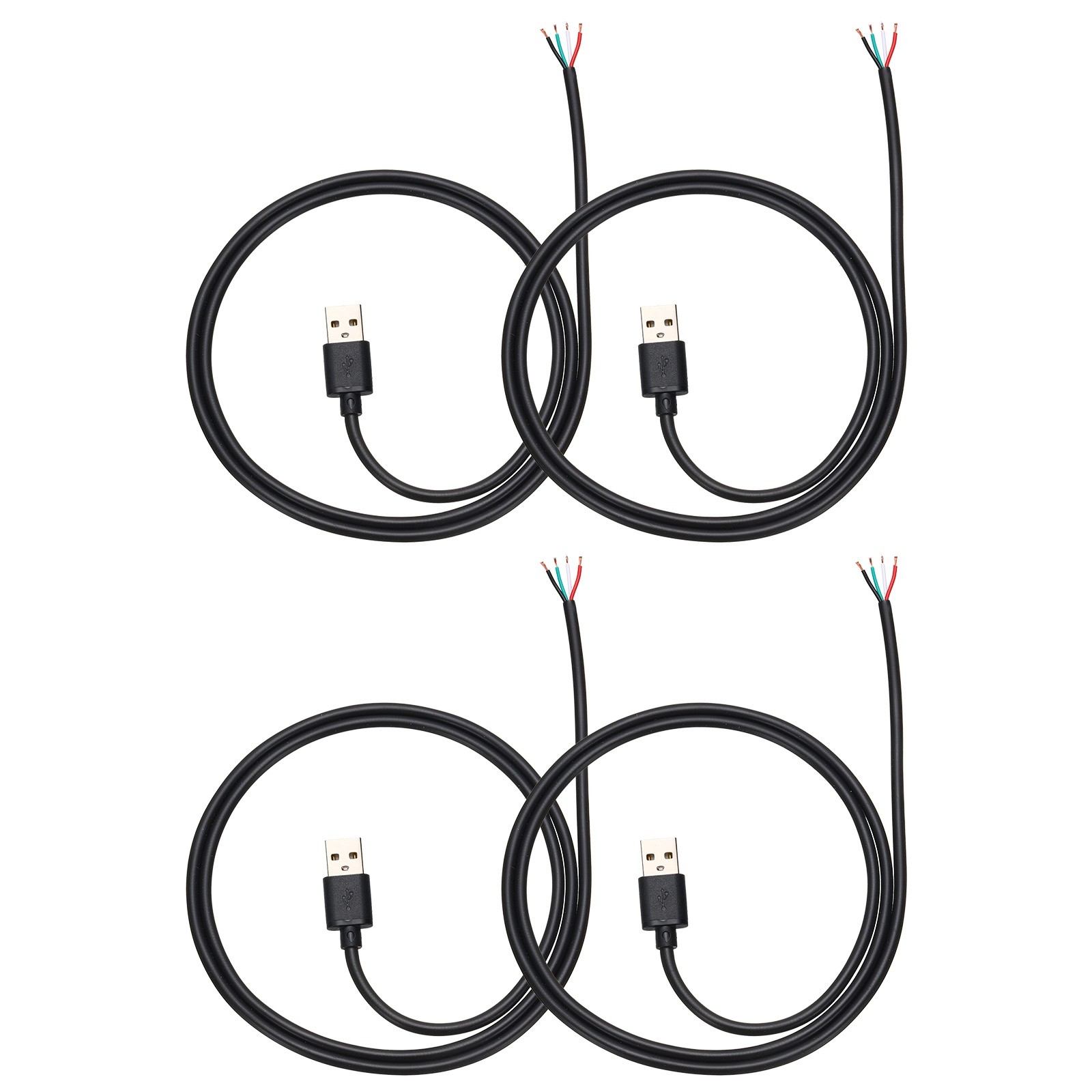 4Pcs 0.5m/1.64Ft USB Pigtail Cable, 5V 2.4A USB A to 4 Pin Bare Wires, Black