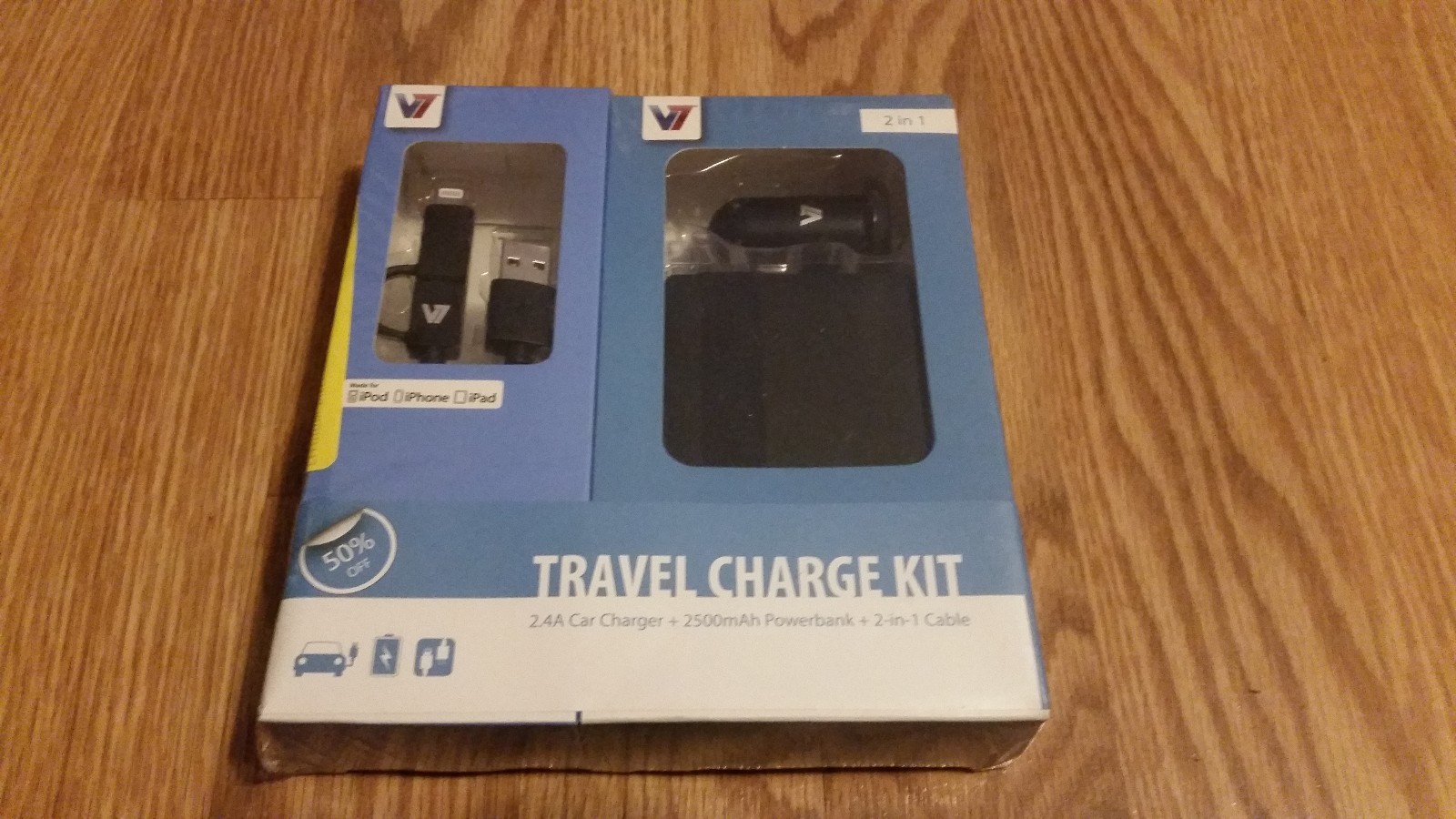 V7 2-IN-1 TRAVEL CHARGE KIT FOR IPOD, IPHONE, IPAD CAR CHARGER + POWERBANK 