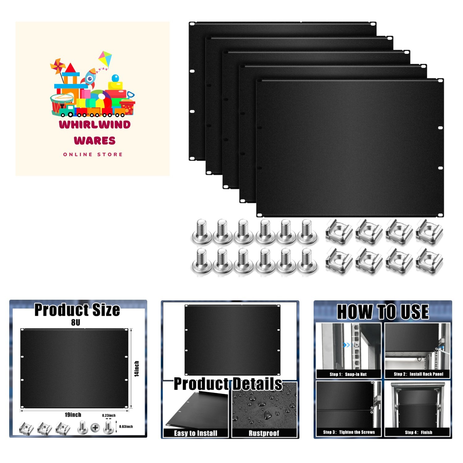 5-Pack Black Metal 8U Rack Panel Set - Enhanced Dust Protection for Servers